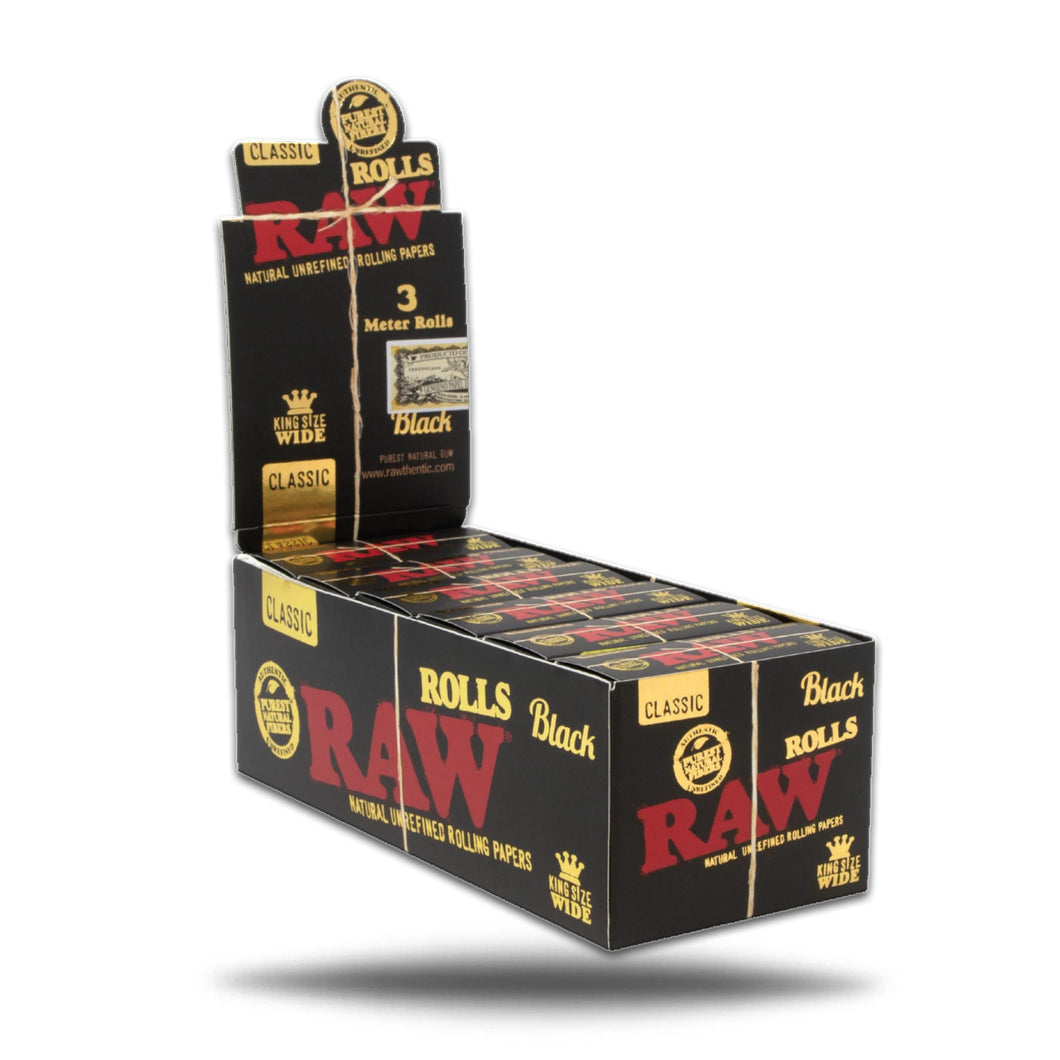 RAW ROLLS KING SIZE WIDE CLASSIC 3 METER ROLLS BLACK 12 PER BOX