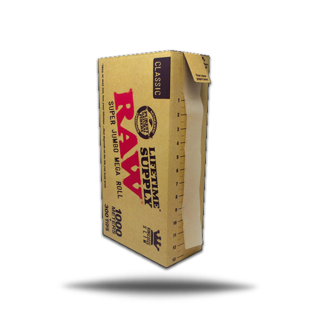 RAW LIFETIME SUPPLY CLASSIC KING SIZE SLIM MEGA ROLL 1000M 300 TIPS BOX